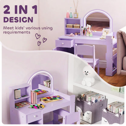 Kids Dressing Table with 2-Colour LED Mirror and Stool, Purple