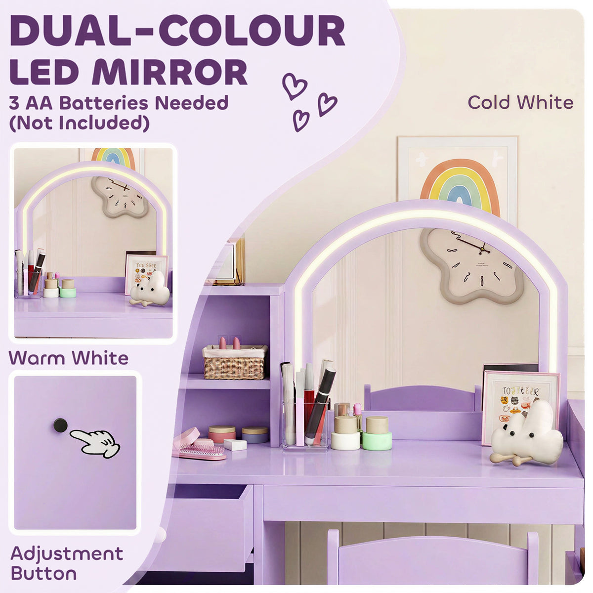 Kids Dressing Table with 2-Colour LED Mirror and Stool, Purple