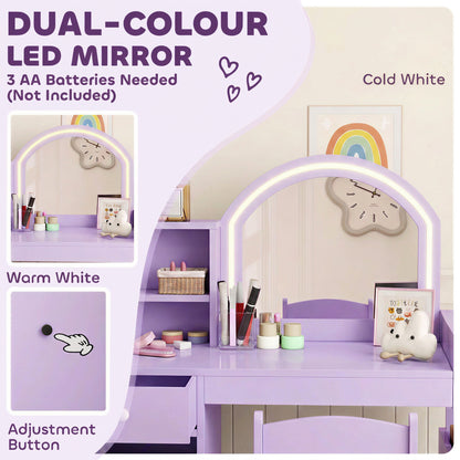 Kids Dressing Table with 2-Colour LED Mirror and Stool, Purple