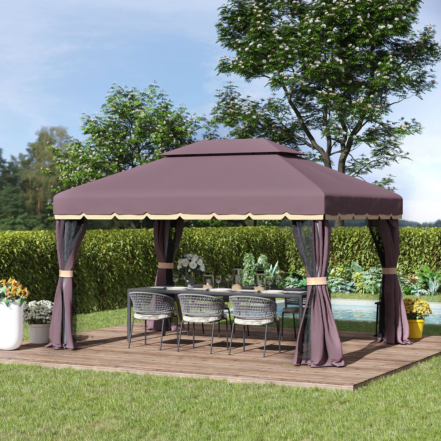 Outsunny 3 x 4m Aluminium Garden¬¨‚Ä†Gazebo, Marquee Canopy Shelter Pavilion Party Tent with Nets and Curtains for Garden, Lawn, Backyard and Deck, Coffee