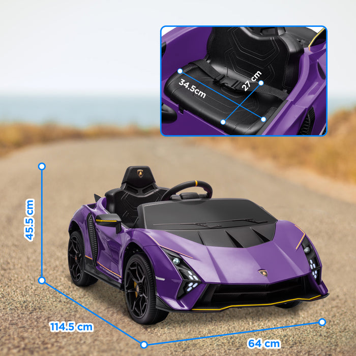 12V Lamborghini Autentica Licensed Ride on Car with Butterfly Doors, Battery Powered Kids Electric Car with Remote Control, 4 Suspension Wheels, Soft Start, LED Lights, Music, Horn, Purple