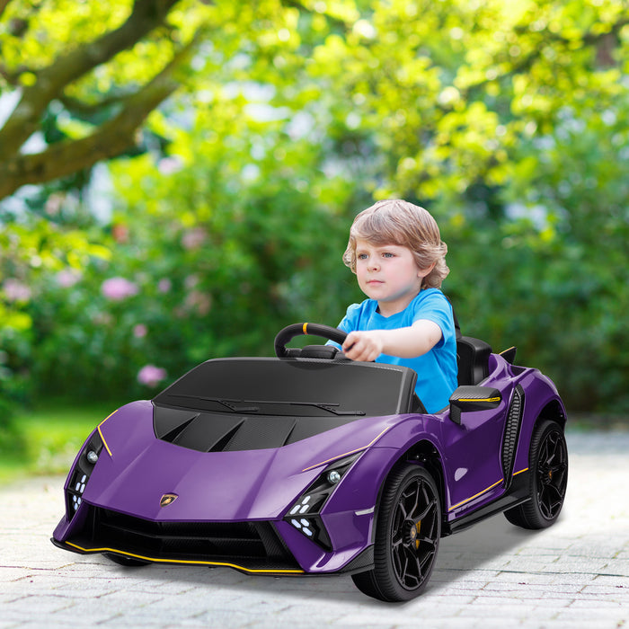 12V Lamborghini Autentica Licensed Ride on Car with Butterfly Doors, Battery Powered Kids Electric Car with Remote Control, 4 Suspension Wheels, Soft Start, LED Lights, Music, Horn, Purple