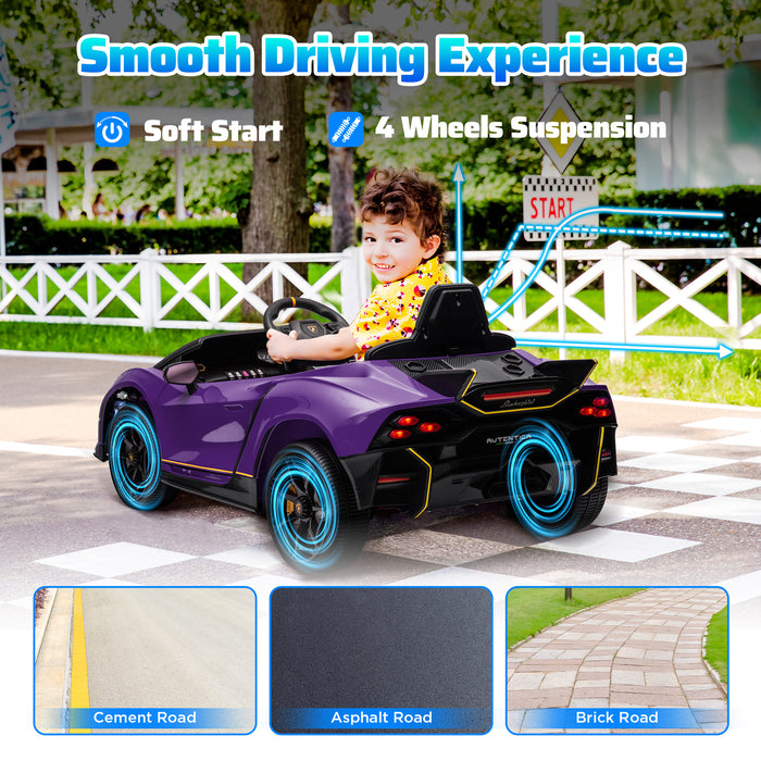 12V Lamborghini Autentica Licensed Ride on Car with Butterfly Doors, Battery Powered Kids Electric Car with Remote Control, 4 Suspension Wheels, Soft Start, LED Lights, Music, Horn, Purple