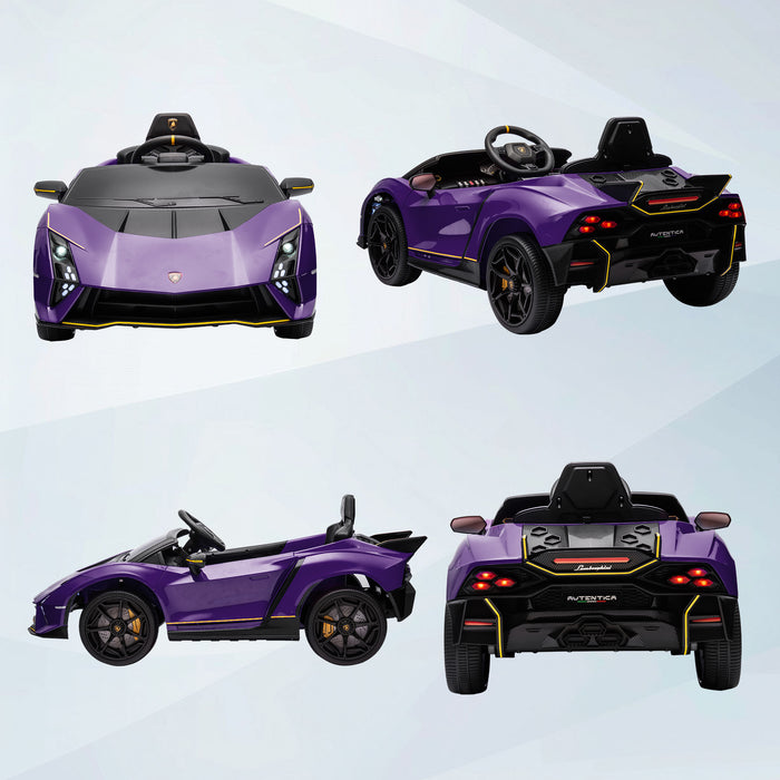 12V Lamborghini Autentica Licensed Ride on Car with Butterfly Doors, Battery Powered Kids Electric Car with Remote Control, 4 Suspension Wheels, Soft Start, LED Lights, Music, Horn, Purple