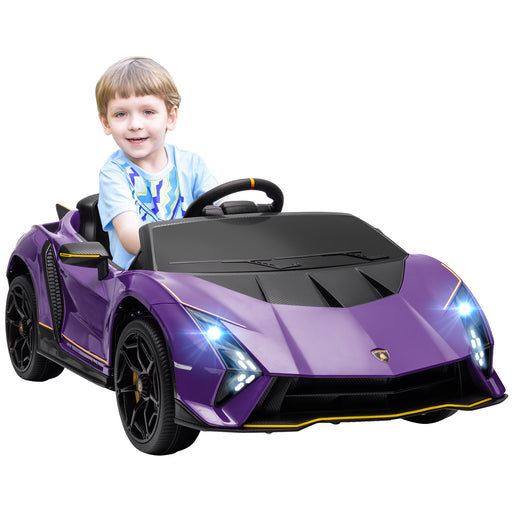 12V Lamborghini Autentica Licensed Ride on Car with Butterfly Doors, Battery Powered Kids Electric Car with Remote Control, 4 Suspension Wheels, Soft Start, LED Lights, Music, Horn, Purple