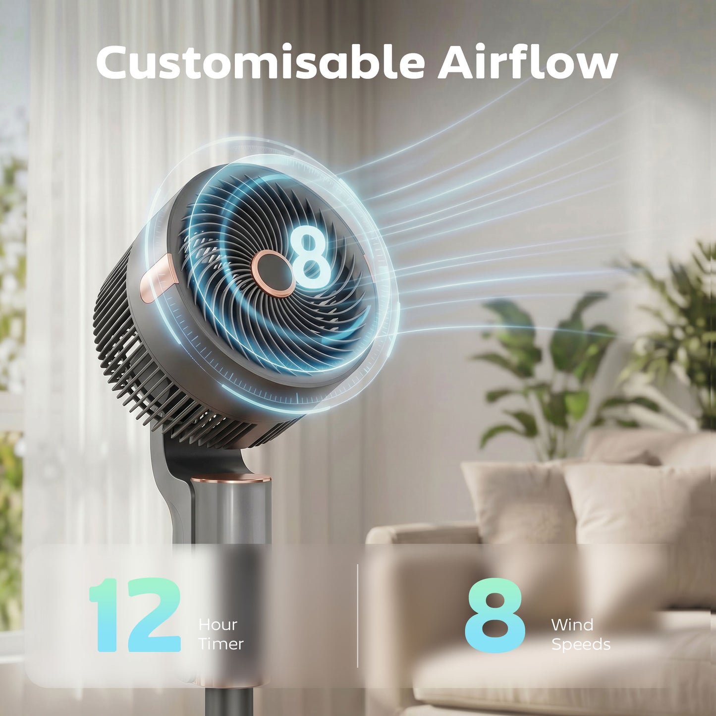20 dB Silent Standing Fan for Bedroom, 44" Pedestal Fan with 55° Oscillating, 90° Vertical Tilt, 8 Speeds, LED Light, Remote Control, 12H Timer, Adjustable Height, Grey