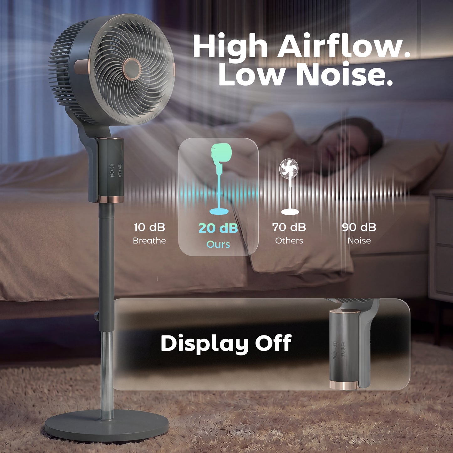 20 dB Silent Standing Fan for Bedroom, 44" Pedestal Fan with 55° Oscillating, 90° Vertical Tilt, 8 Speeds, LED Light, Remote Control, 12H Timer, Adjustable Height, Grey
