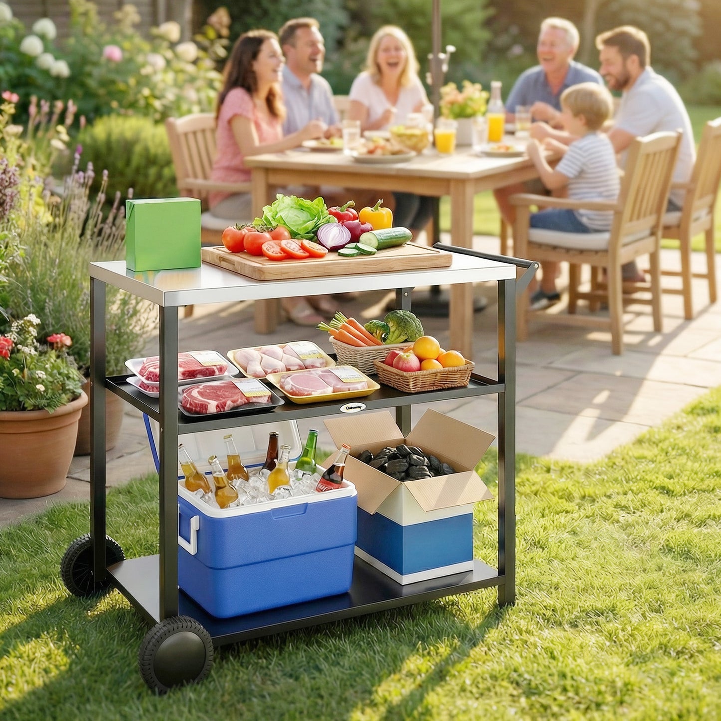 Outdoor Grill Cart, Food Prep Table on Wheels, Black