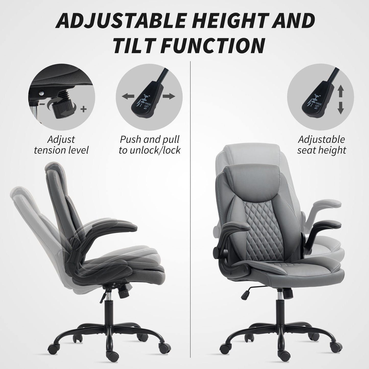 PU Leather Office Desk Chair with Thick Cushion, Charcoal Grey