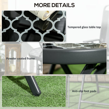 Φ45cm Outdoor Side Table, Round Folding Patio Table with Imitation Marble Glass Top, Small Coffee Table, Black