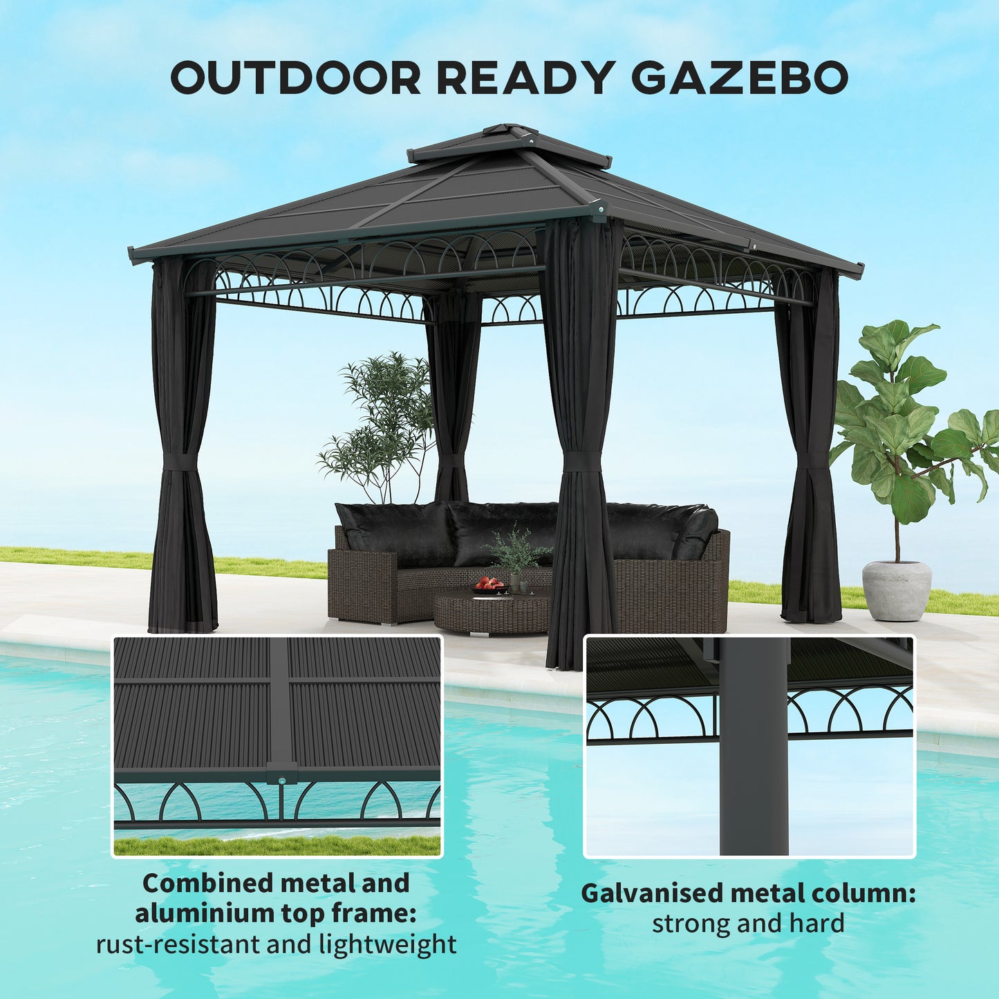3 x 3 (m) Double Roof Hard Top Gazebo w/Nettings, Dark Grey