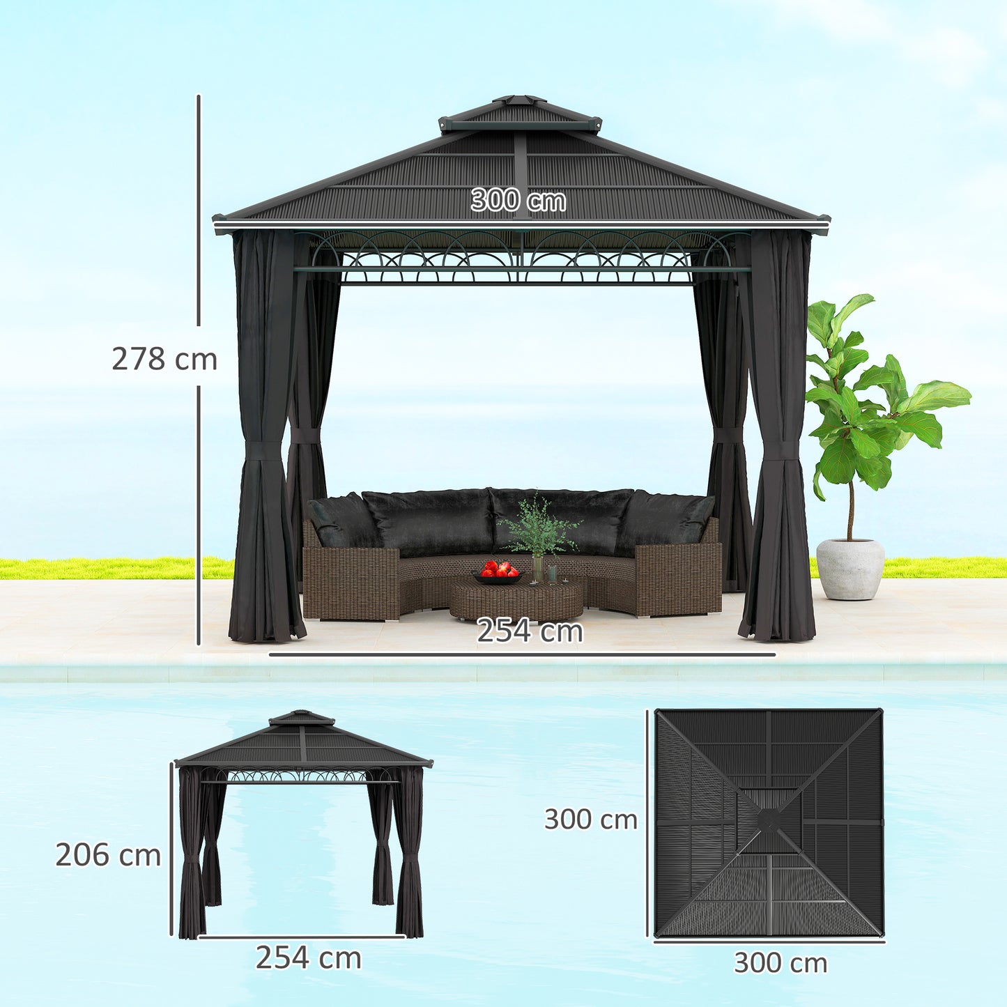 3 x 3 (m) Double Roof Hard Top Gazebo w/Nettings, Dark Grey