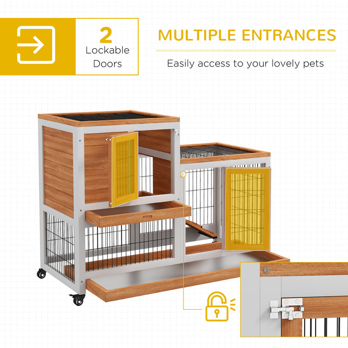 Wooden Indoor Rabbit Hutch Elevated Bunny Cage w/ Enclosed Run Wheel