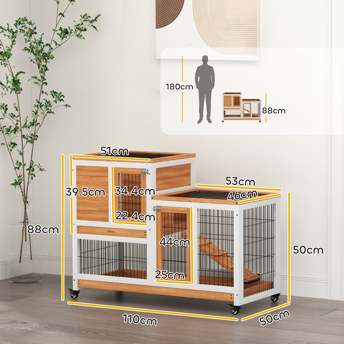 Wooden Indoor Rabbit Hutch Elevated Bunny Cage w/ Enclosed Run Wheel