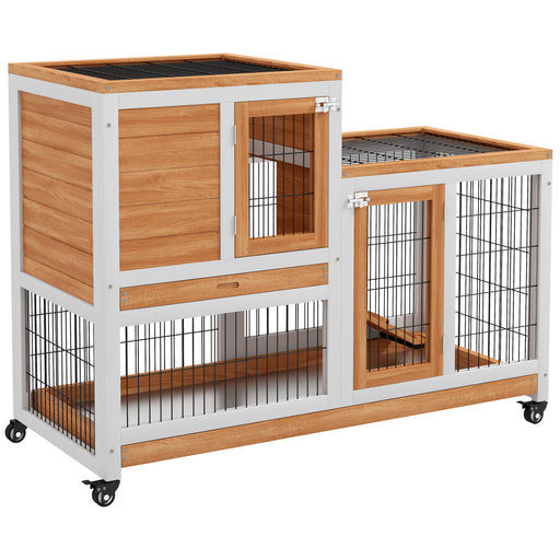 Wooden Indoor Rabbit Hutch Elevated Bunny Cage w/ Enclosed Run Wheel