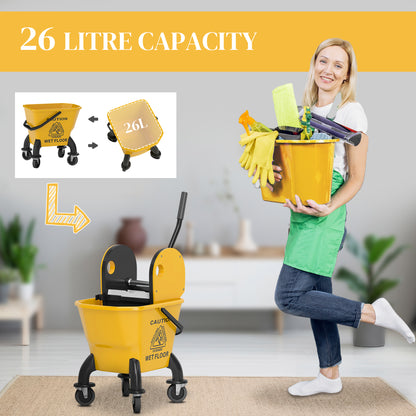Mop Bucket with Wringer on Wheels for Floor Cleaning 26 Litre Yellow