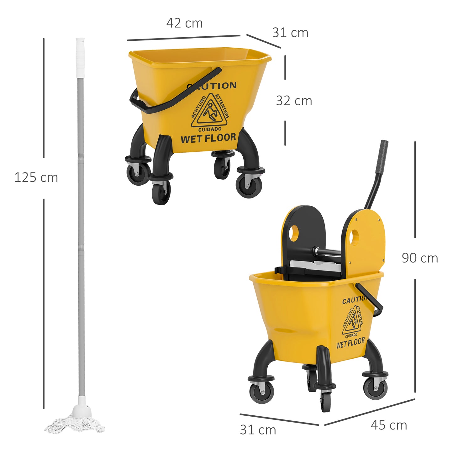 Mop Bucket with Wringer on Wheels for Floor Cleaning 26 Litre Yellow