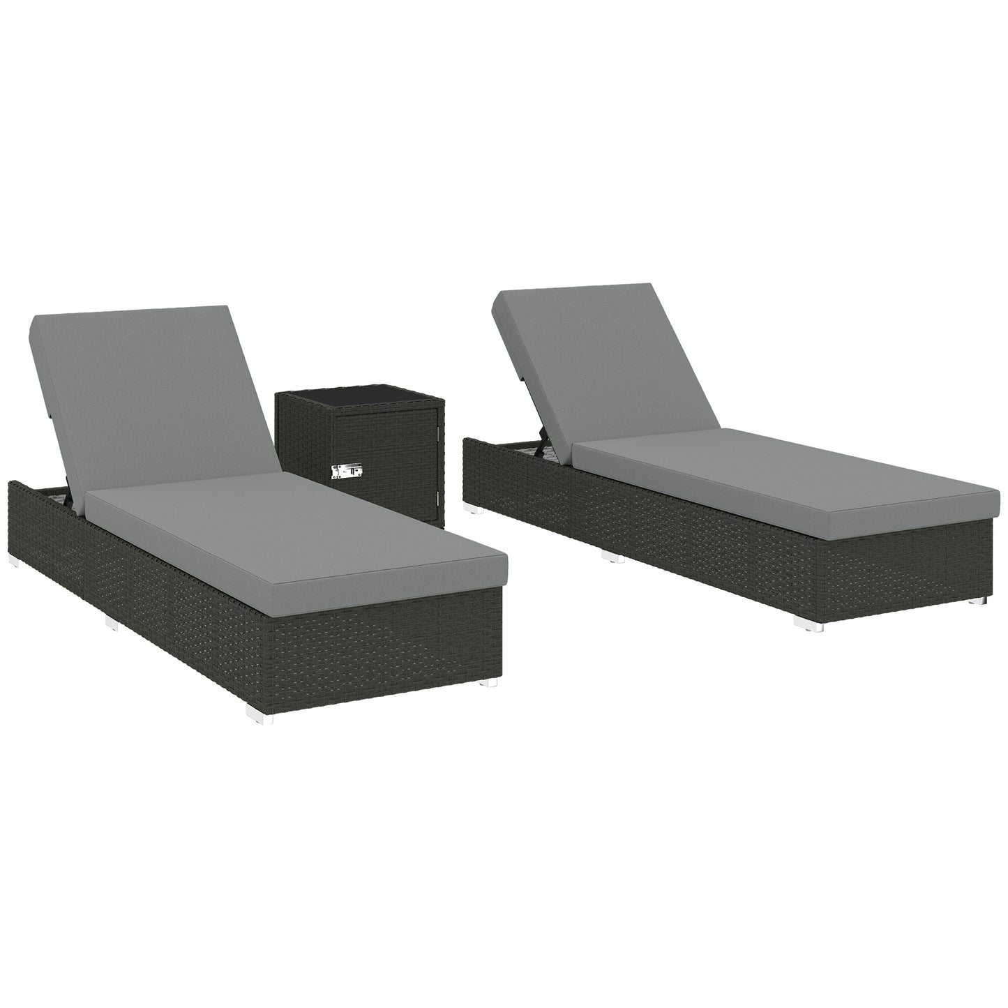 Rattan Sun Loungers Set of 2 with Side Table, Dark Grey