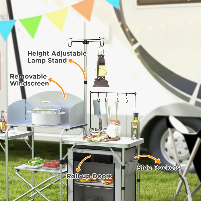 Camping Kitchen w/ Storage Cupboard, Folding Camping Table, Aluminium Picnic Table w/ Windshield, Stand, Carrying Bag