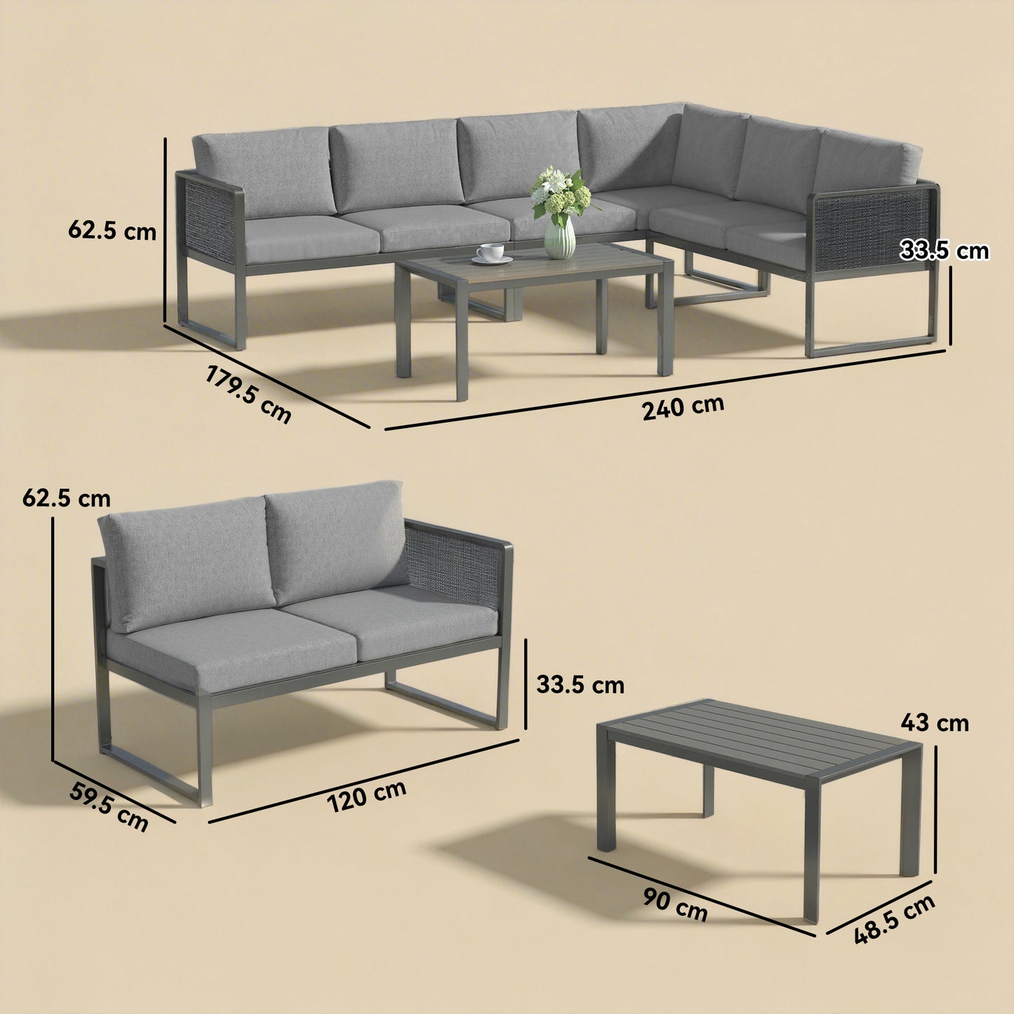 6 Seater Metal Garden Furniture Corner Sofa Set, Dark Grey