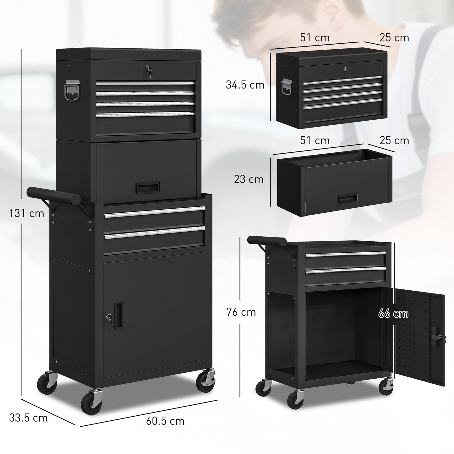 Tool Cabinet with 6 Drawers, 3-in-1 Rolling Tool Chest with Wheels