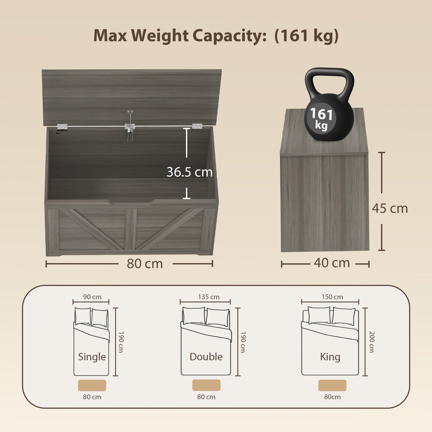Storage Trunk for Living Room, with Safety Hinge, 80cm, Dark Grey