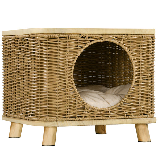 Elevated Design Wicker Cat House with Washable Cushion, Light Brown