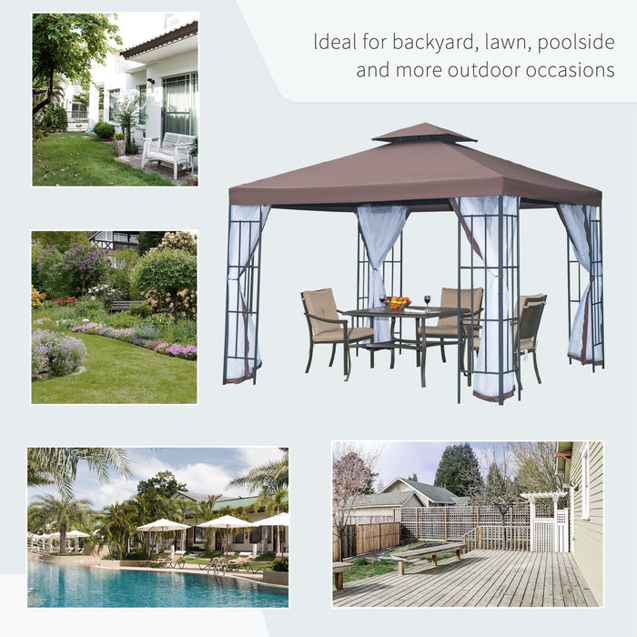 3 x 3(m) Patio Gazebo Canopy Garden Pavilion Tent Shelter with 2 Tier Roof and Mosquito Netting, Steel Frame, Coffee