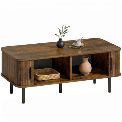 Coffee Table with Storage and Sliding Doors for Living Room, Brown