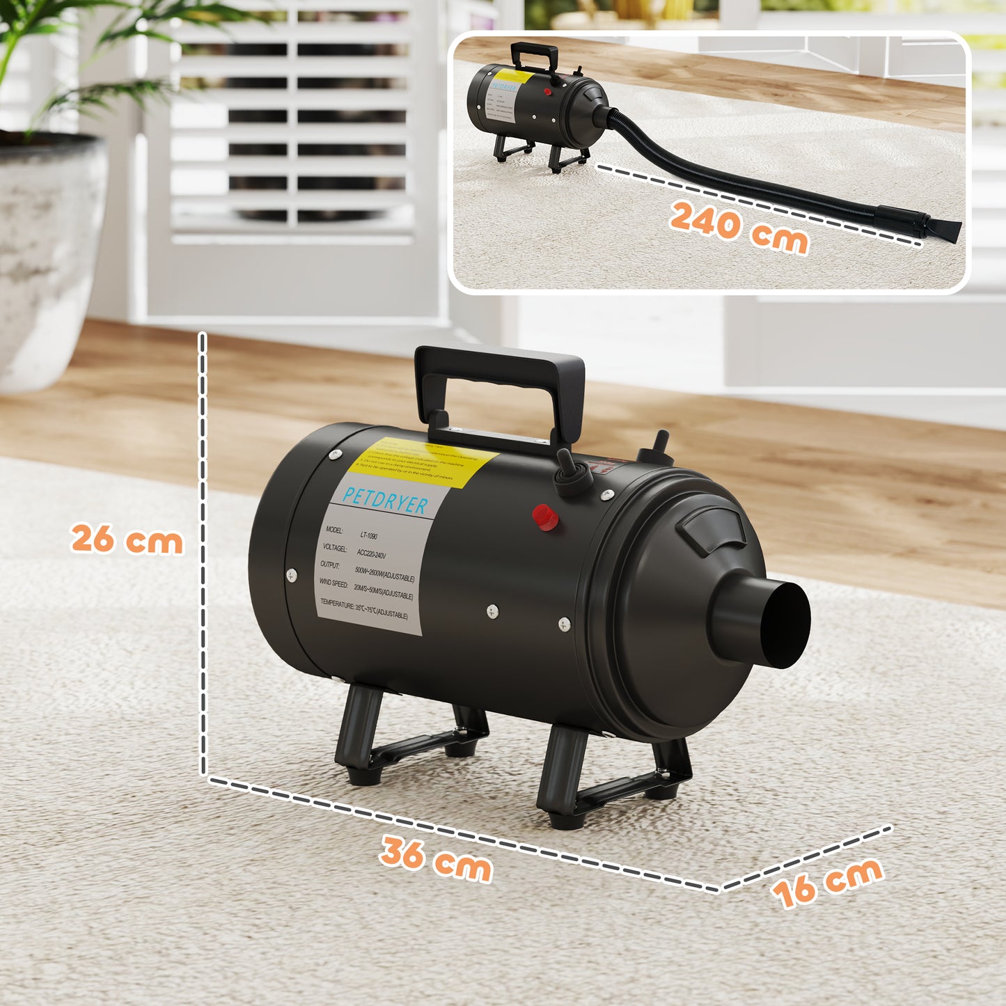 2200W Dog Hair Dryer with Adjustable Temperature & Velocity, Black