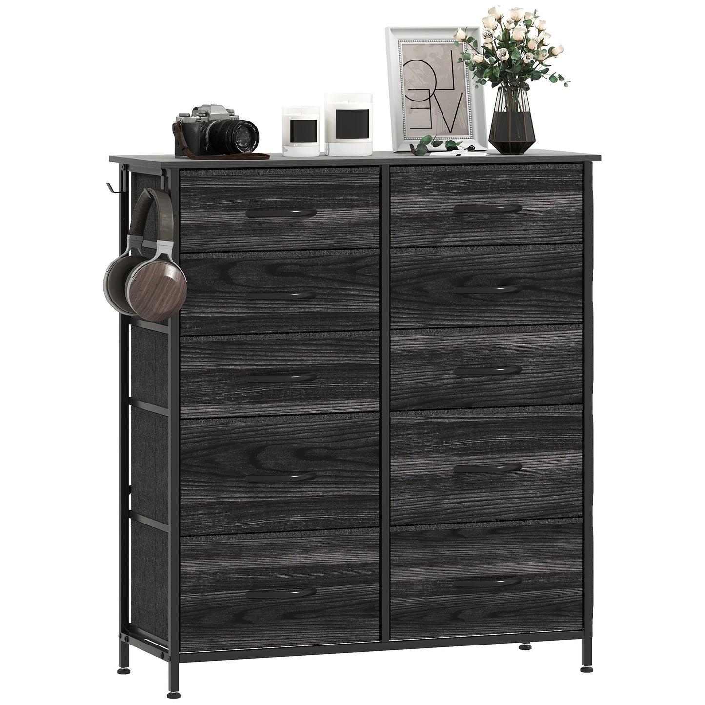 Fabric Chest of Drawers, 10 Drawer Dresser for Bedroom, Black