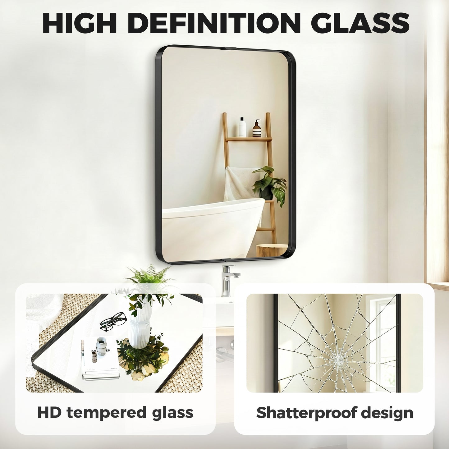 Wall Mirror with Elevated Aluminium Alloy Frame, 60 x 90 cm Bathroom Mirror with Tempered Glass for Living Room, Bedroom, Hallway, Black