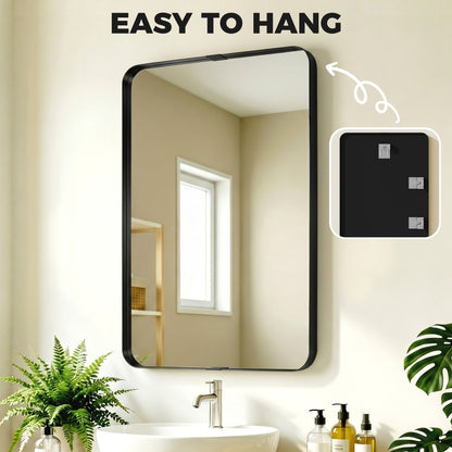 Wall Mirror with Elevated Aluminium Alloy Frame, 60 x 90 cm Bathroom Mirror with Tempered Glass for Living Room, Bedroom, Hallway, Black