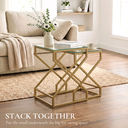 Nest of Tables, Side Table Set of 2 with Transparent Top, Transparent