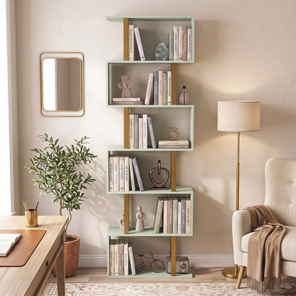 S-Shaped Bookshelf, 6-Tier Bookcase with Anti-Tip Strap, Light Green