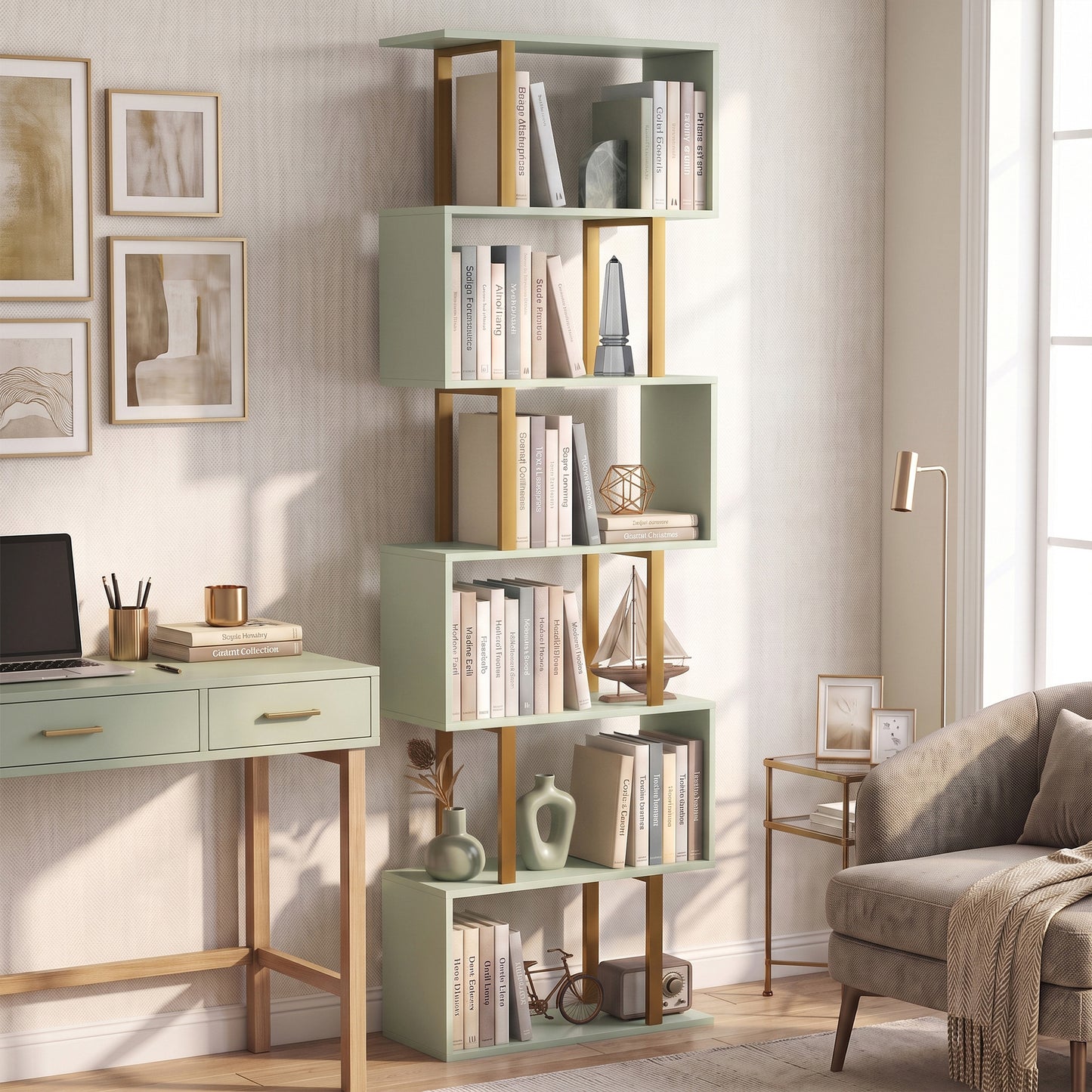 S-Shaped Bookshelf, 6-Tier Bookcase with Anti-Tip Strap, Light Green