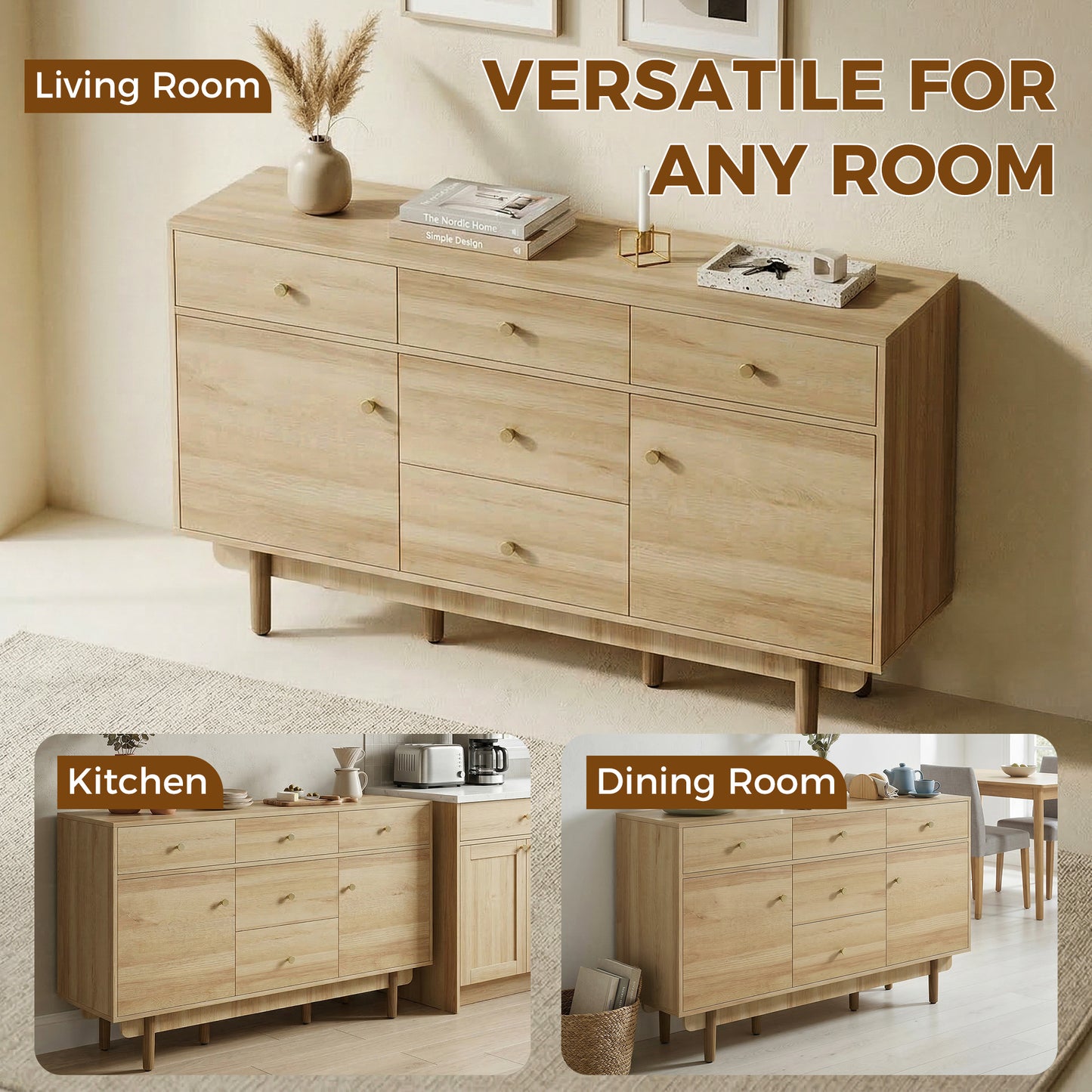 Sideboard Soft Close Doors Wood Legs Walnut