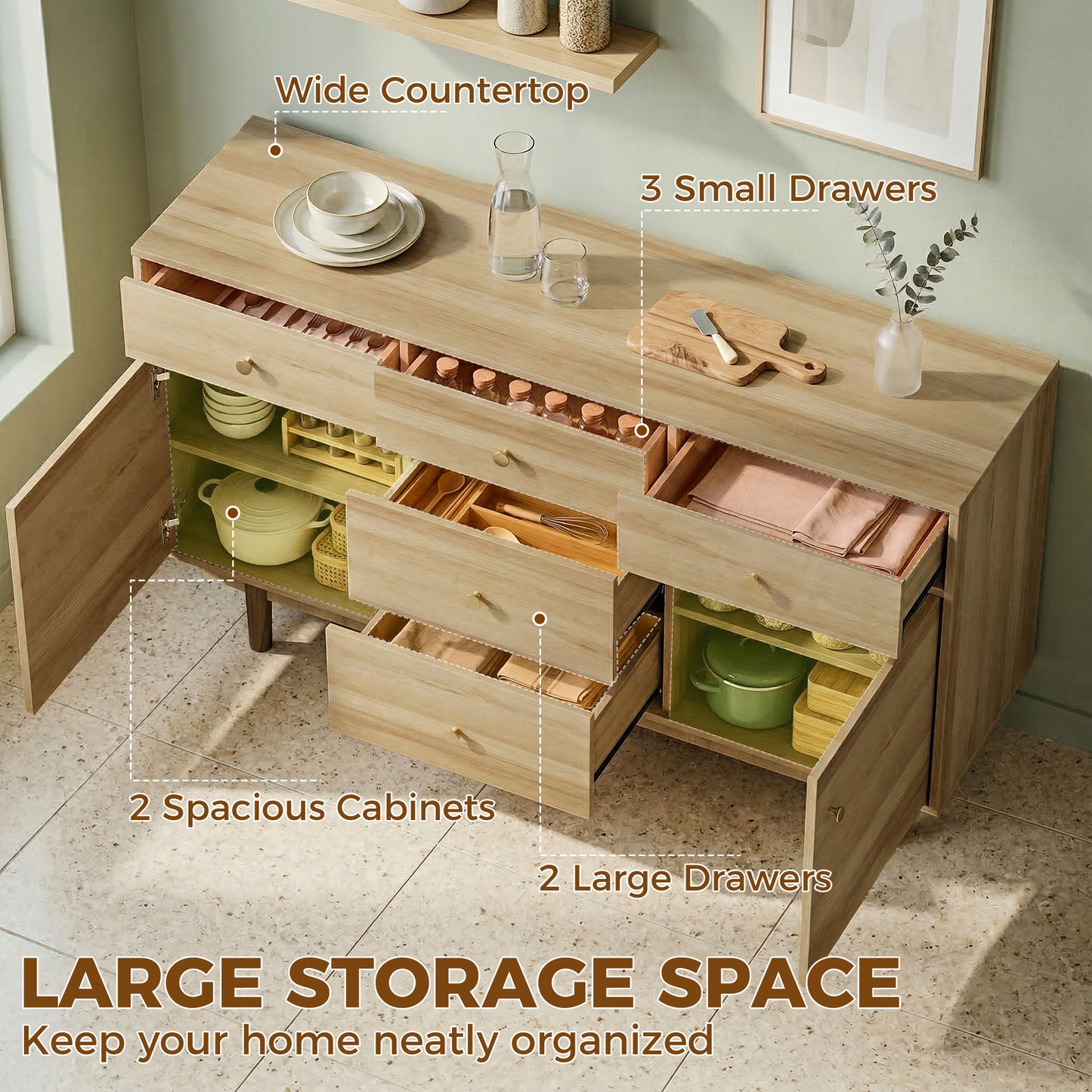 Sideboard Soft Close Doors Wood Legs Walnut