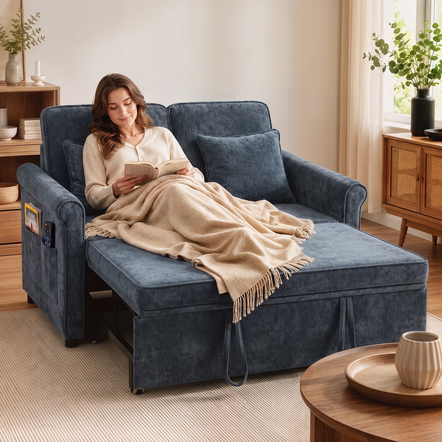 2 Seater Sofa Bed, 3-in-1 Convertible Pull Out Sofa Bed, Dark Blue