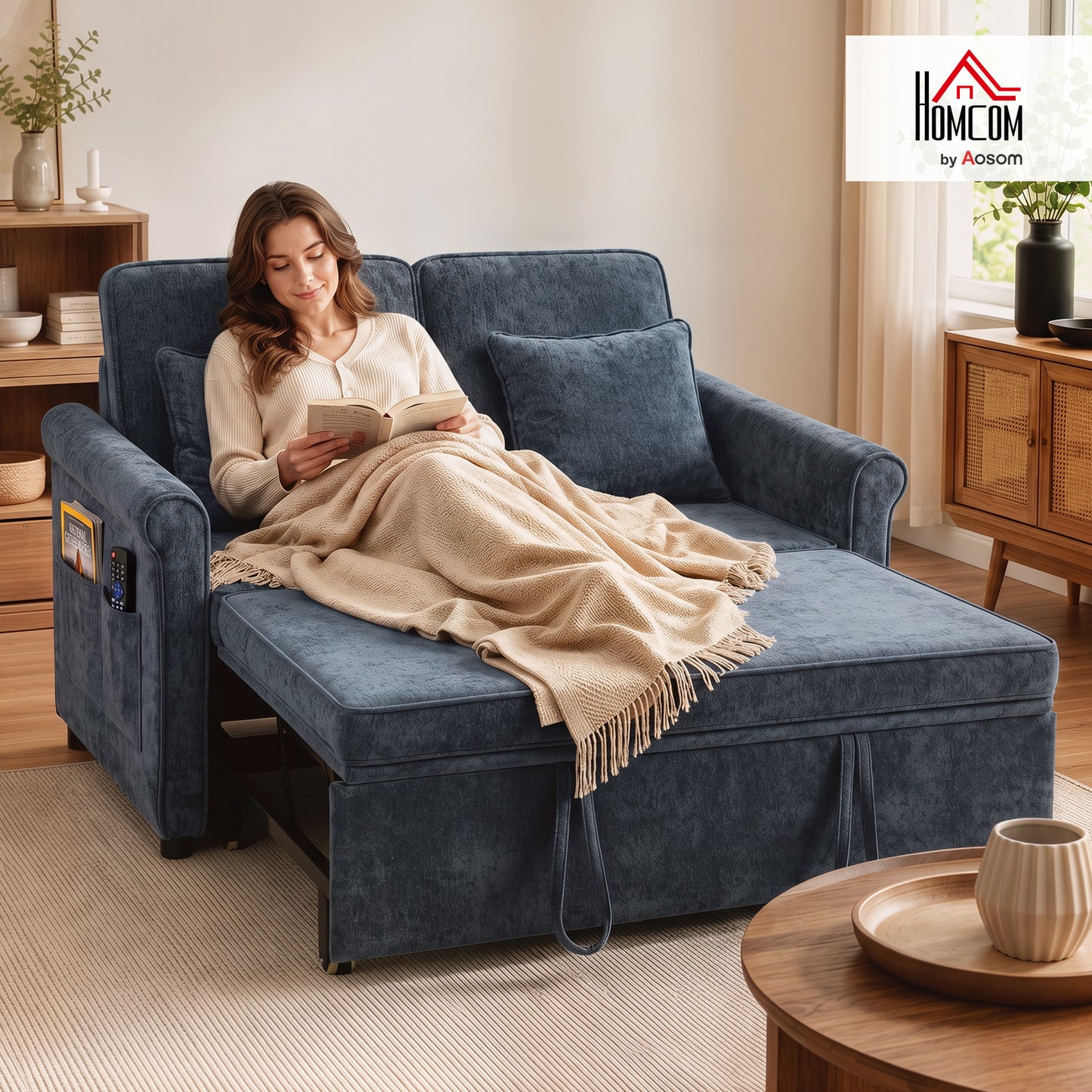 2 Seater Sofa Bed, 3-in-1 Convertible Pull Out Sofa Bed, Dark Blue