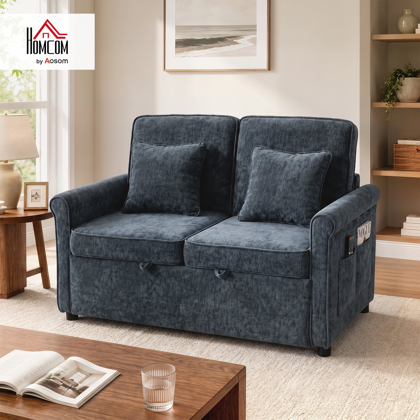 2 Seater Sofa Bed, 3-in-1 Convertible Pull Out Sofa Bed, Dark Blue