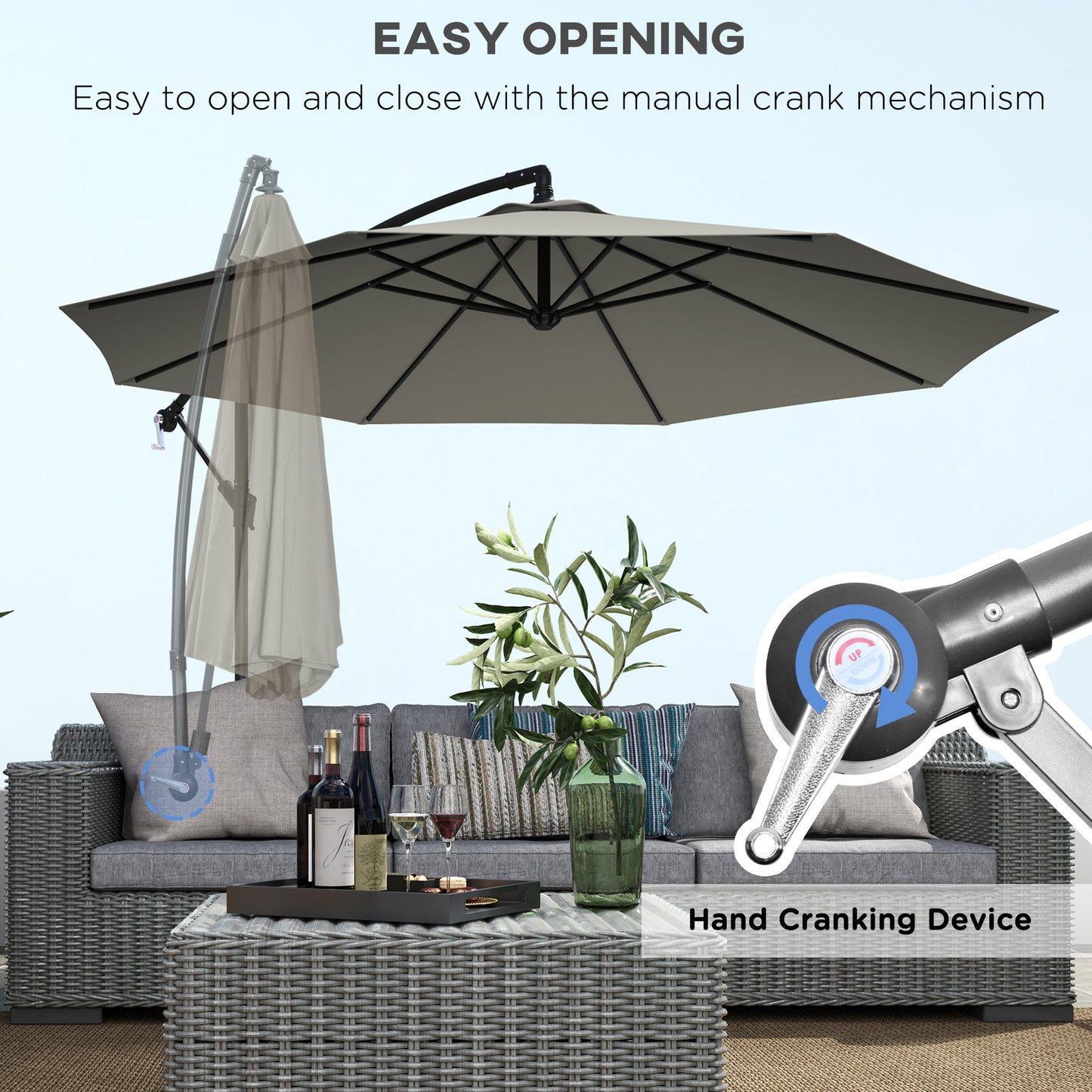 3(m) Cantilever Parasol Banana Umbrella w/ Crank, Light Grey