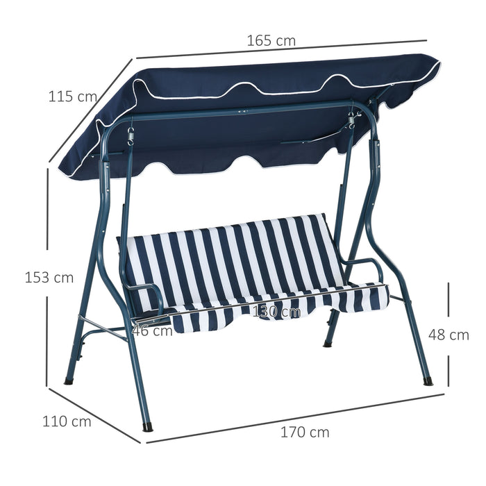 3 Seater Garden Swing Seat Chair Outdoor Bench with Adjustable Canopy and Metal Frame, Blue Stripes