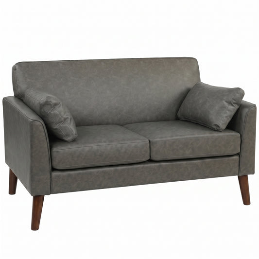 2 Seater Sofa, 132 cm Modern Small Sofa, PU Leather Upholstered Loveseat with Solid Wood Legs and 2 Pillows, Couch Settee for Small Space, Living Room, Bedroom, Home Office, Grey