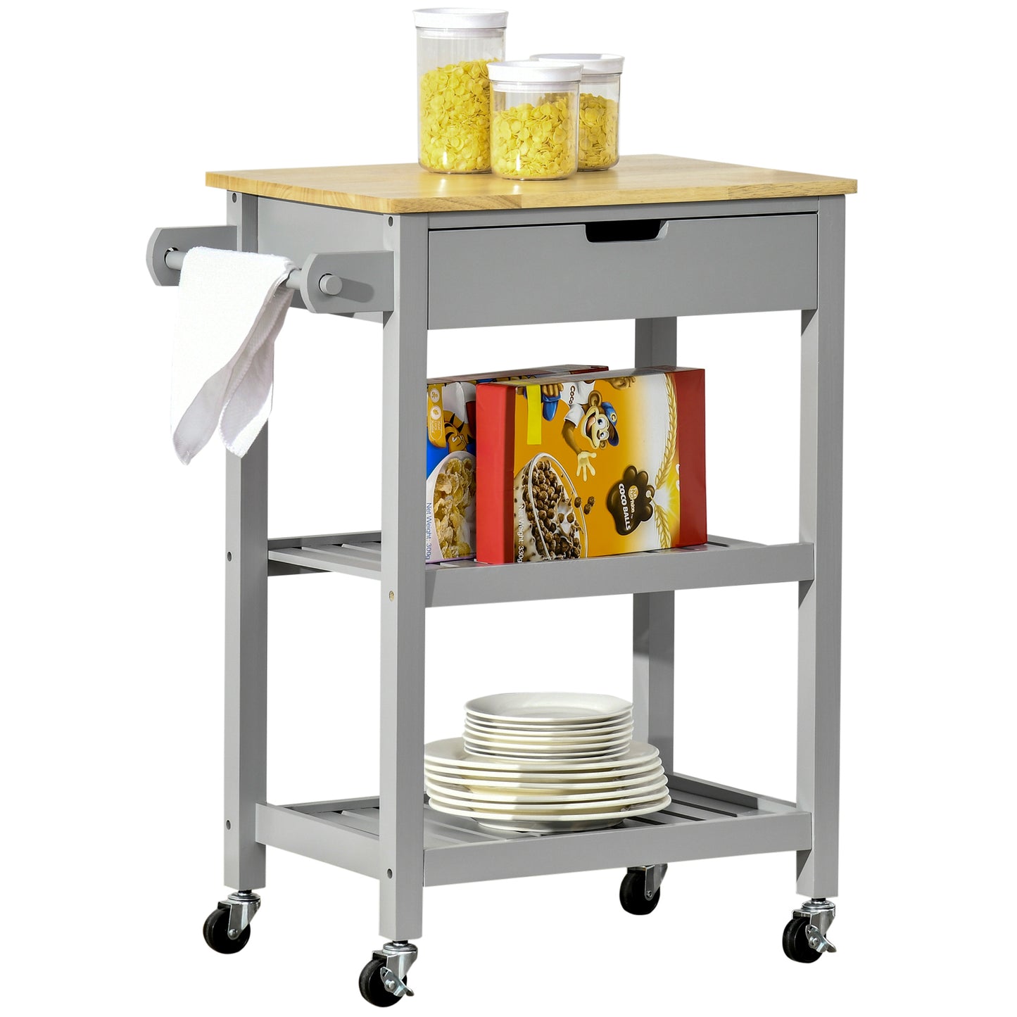 Kitchen Trolley Utility Cart on Wheels with Rubberwood Worktop Towel Rack