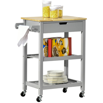 Kitchen Trolley Utility Cart on Wheels with Rubberwood Worktop Towel Rack