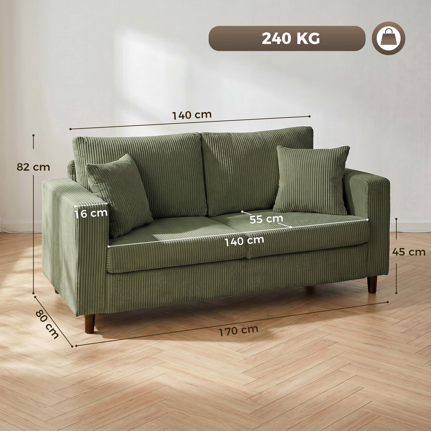 Loveseat Sofa with Wide Seat, Corduroy Upholstered, Green