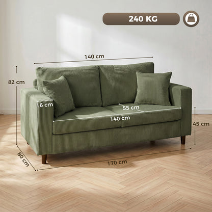 Loveseat Sofa with Wide Seat, Corduroy Upholstered, Green