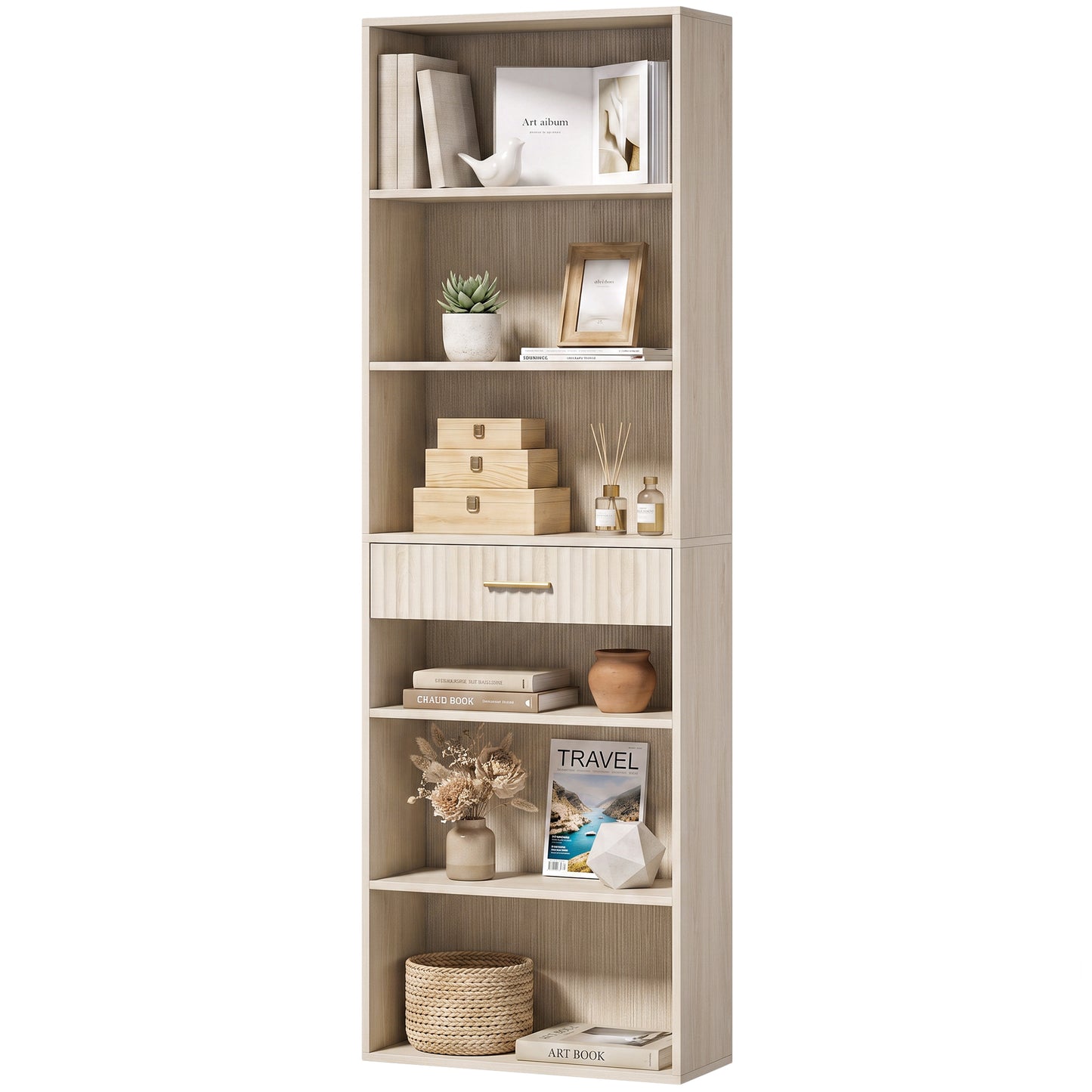 Tall Bookcase with Cubes, 7-Tier Bookshelf with Drawer, Oak