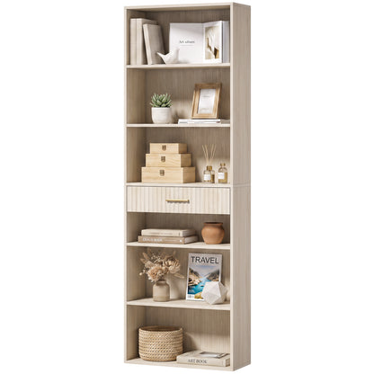 Tall Bookcase with Cubes, 7-Tier Bookshelf with Drawer, Oak